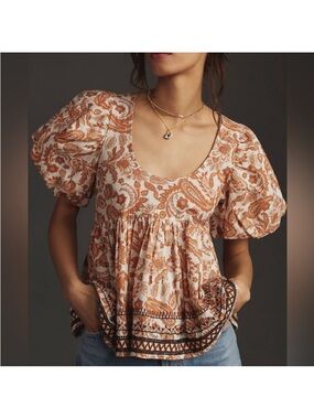 XL Anthropologie Cream and Rust Paisley Puff-Sleeve Peplum Blouse